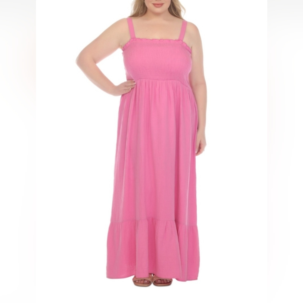 Raviya Plus Size Smocked Cotton Sleeveless Cover up Maxi Elegant Pink Dress